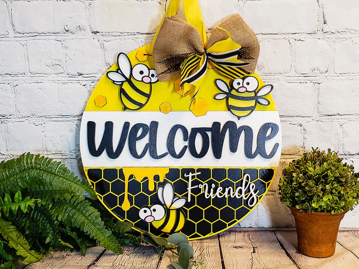 Bumble Bee Gnomes Door Sign Bee Gifts Yellow & Black Wood Door Hanger Bee