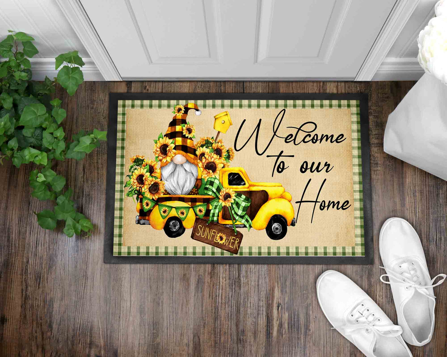 Sunflower Gnome Front Door Mat I Sunflower Welcome Mat I Gnome Front Door Mat I Summer Entry Mat I Front Door Mat I Outdoor Decor l Sunflowers l Gnomes