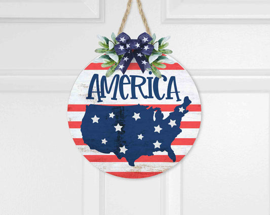 America Door Round l July 4th Circular Porch Sign l  Independence Day Circular Porch Sign
