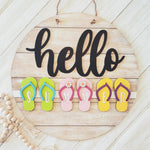 Hello Summer l 3D l Circular Door Hanger l Summer Sandals (Natural Wood)
