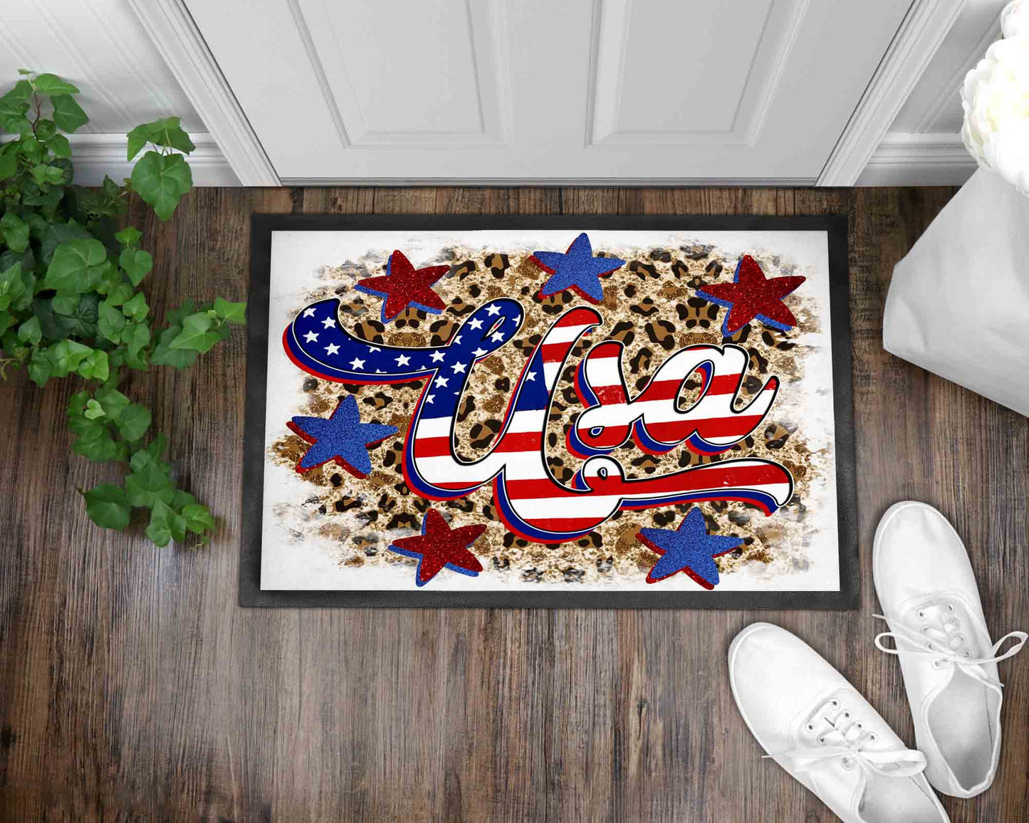 USA Leopard Front Door Mat I Independence Day Welcome Mat I July 4th Front Door Mat I Summer Entry Mat I Front Door Mat I Outdoor Decor l July 4th l Independence Day