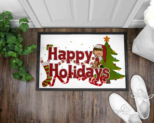 Happy Holiday Elf Christmas Front Door Mat I Welcome Mat I Christmas I Holiday Mat I Front Door Mat I Outdoor Decor l Christmas Ornaments