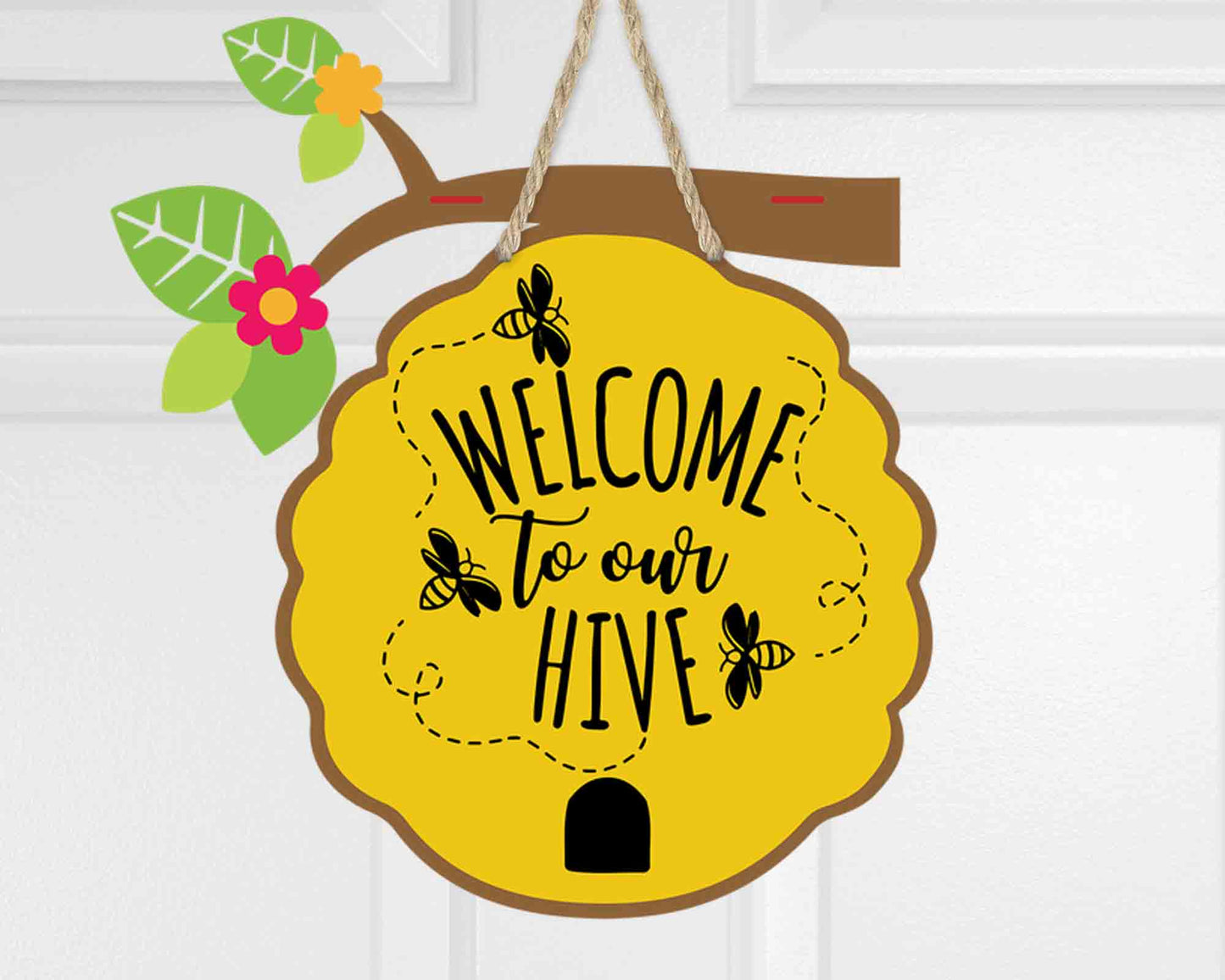 Welcome to Our Hive l Door Hanger | Front Door Decor | Entry Way Wall Decor | Welcome Sign I Porch Leaner I Summer Sign
